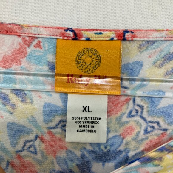 Ruby Rd. size XL Red Blue Artsy Boho Print Flare Sleeve Stretch Knit Relaxed Top - Picture 3 of 8